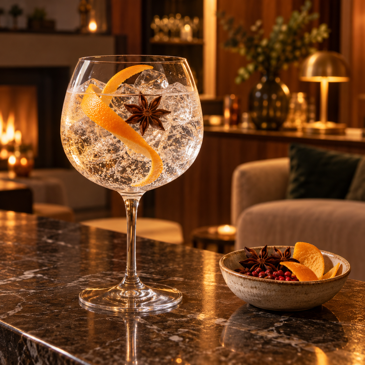 Assensus Premium Gin served with Fever-Tree Indian Tonic Water, garnished with Orange Peel and Star Anise