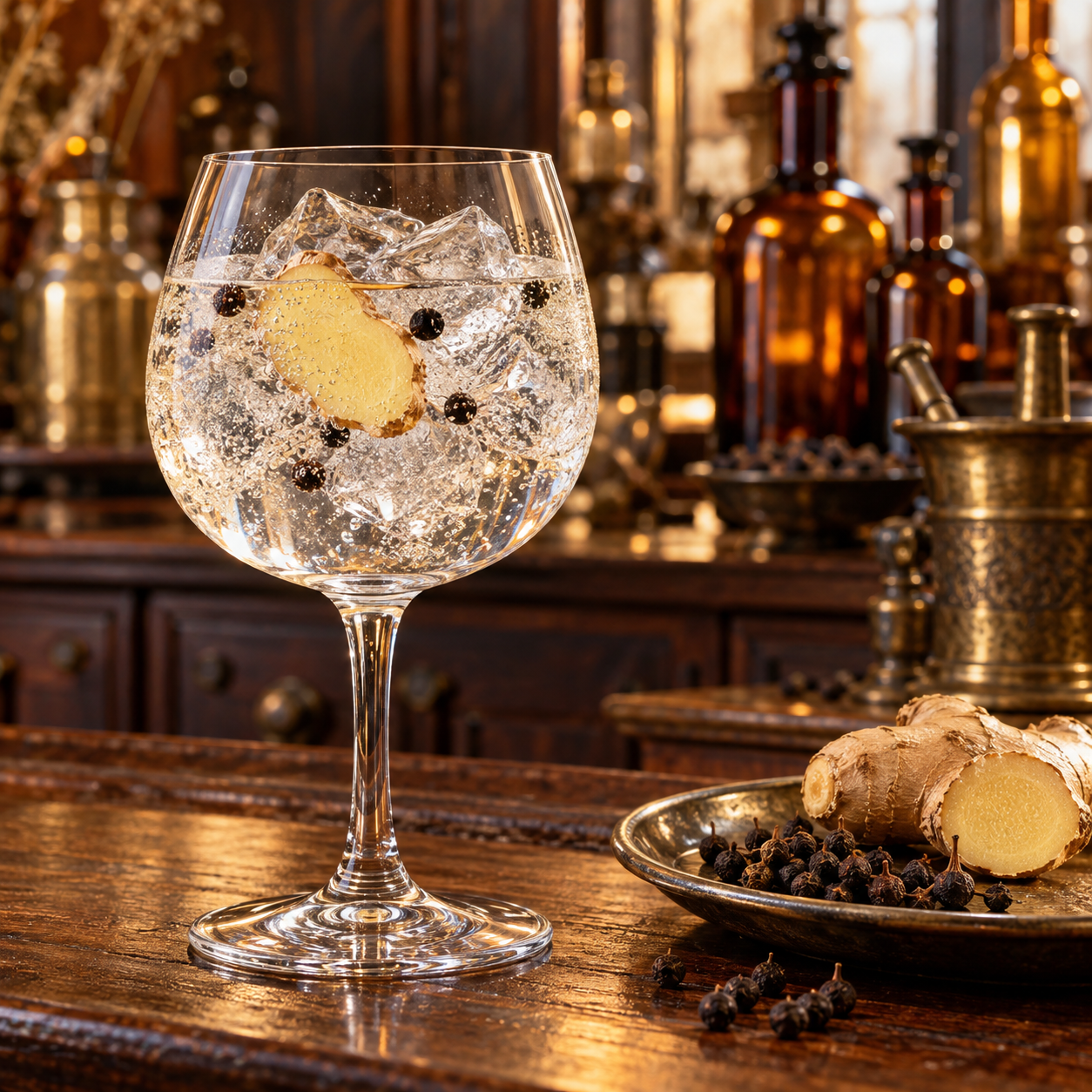 Quantum Satis served with Fever-Tree Indian Tonic Water, garnished with Ginger Slice