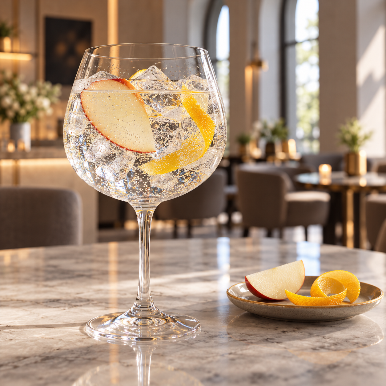 J'hin 16 served with Fever-Tree Refreshingly Light Indian Tonic Water, garnished with Apple Slice