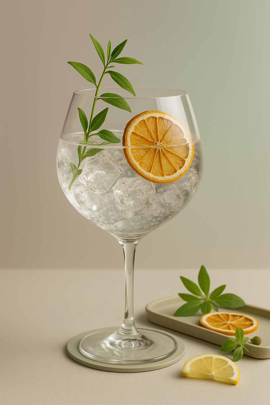 Tree3 London Dry Gin servi avec Fever-Tree Mediterranean Tonic Water, agrémenté de Fresh lemon verbena sprig et Thin slice of dehydrated orange