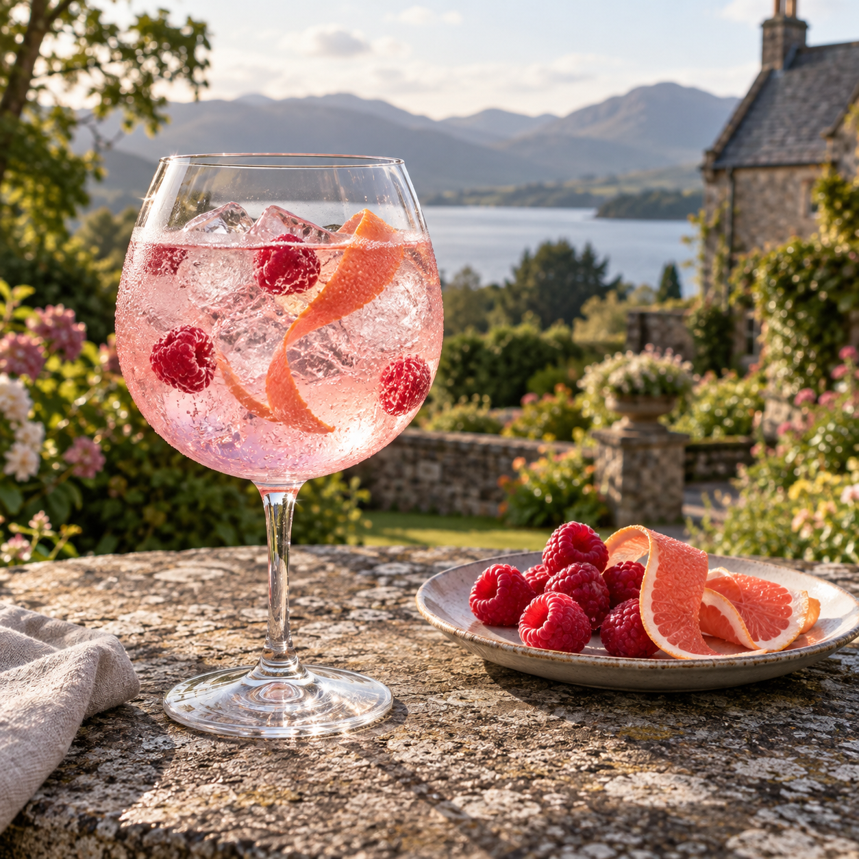 Stirling Pink Gin served with Fever-Tree Rhubarb Raspberry Tonic Water, garnished with Fresh Raspberries and Pink Grapefruit Peel