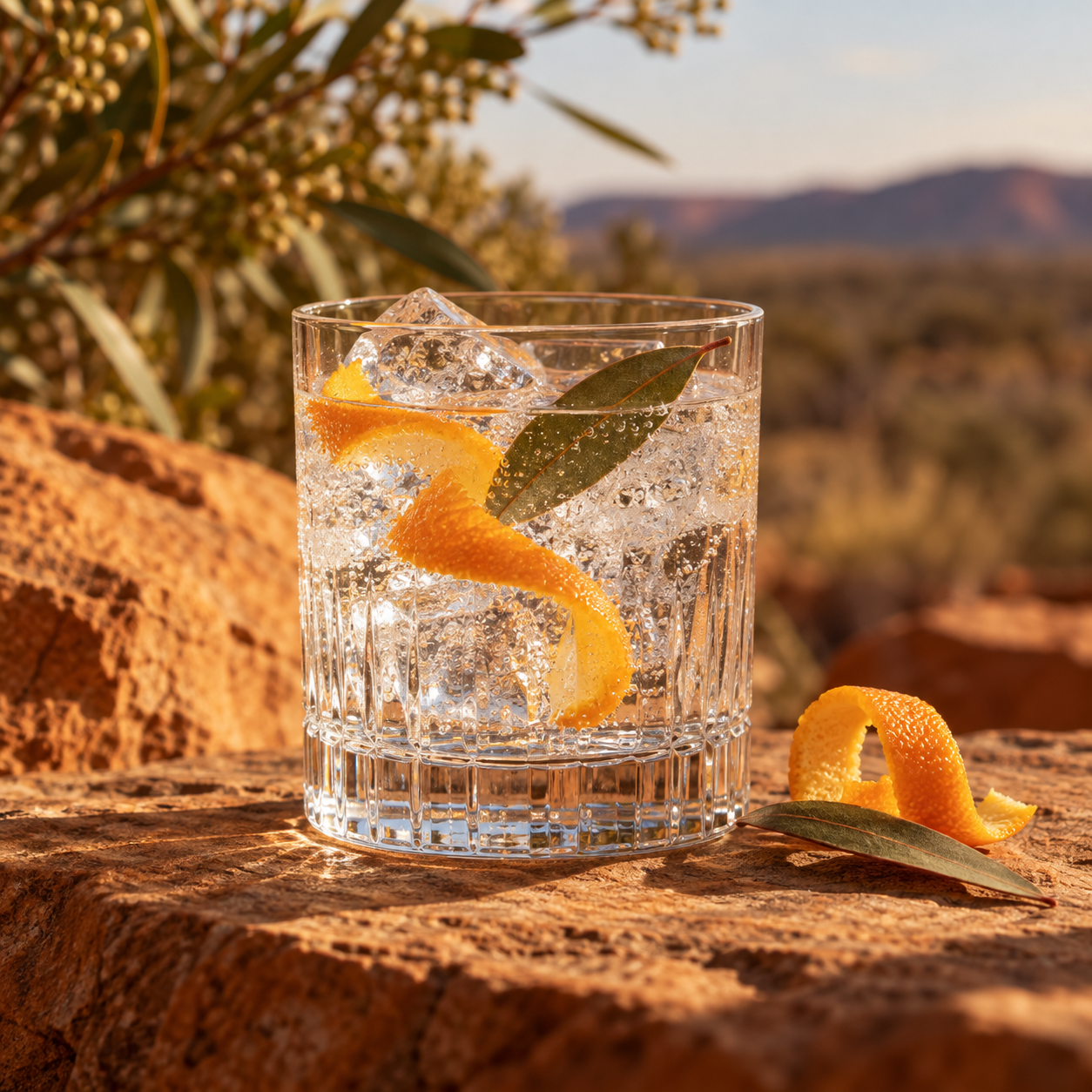 Tanami Navy Strength Gin served with Fever-Tree Indian Tonic Water, garnished with Orange Peel and Cinnamon Myrtle Leaf
