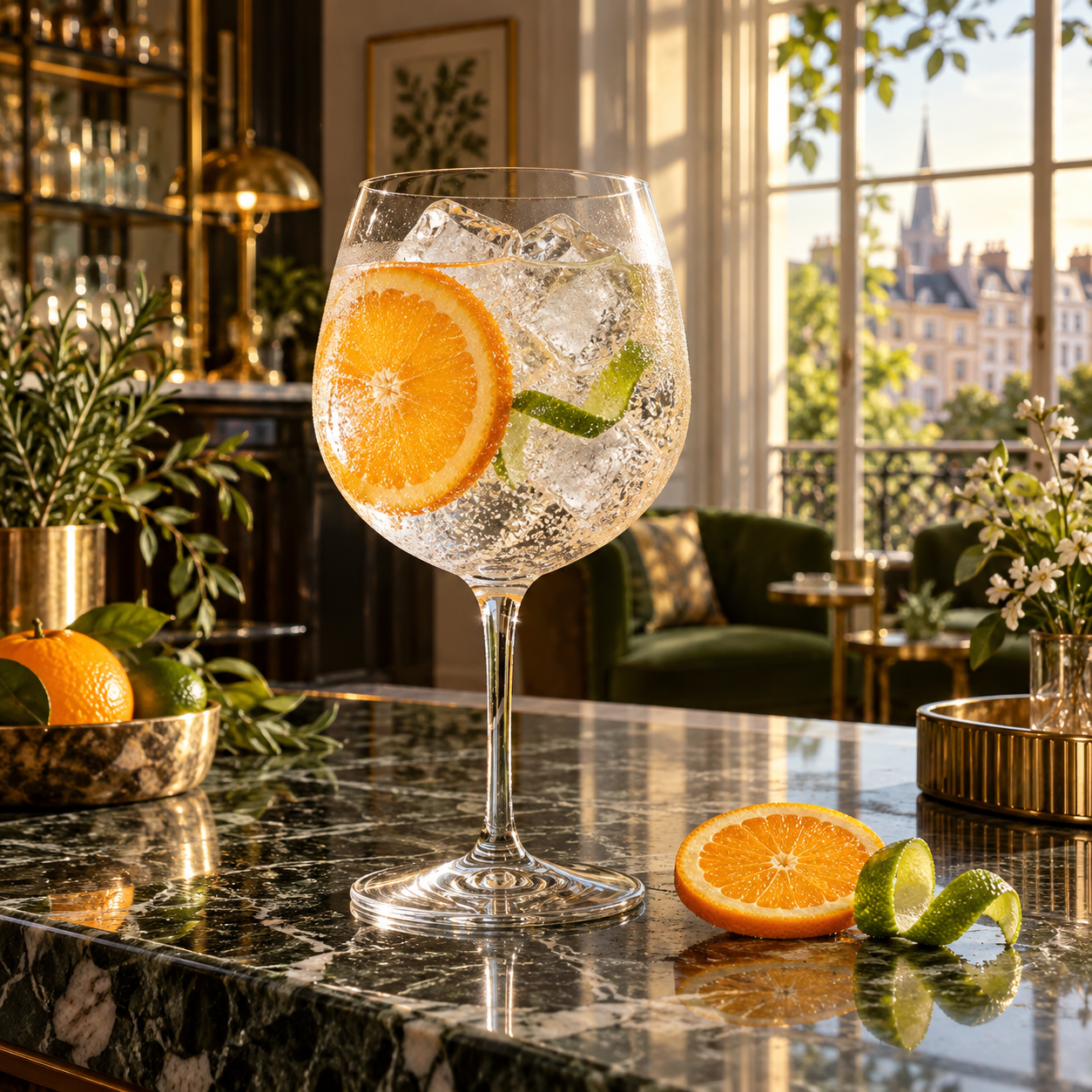 Sacred Gin served with Fever-Tree Indian Tonic Water, garnished with Orange Wheel and Lime Peel