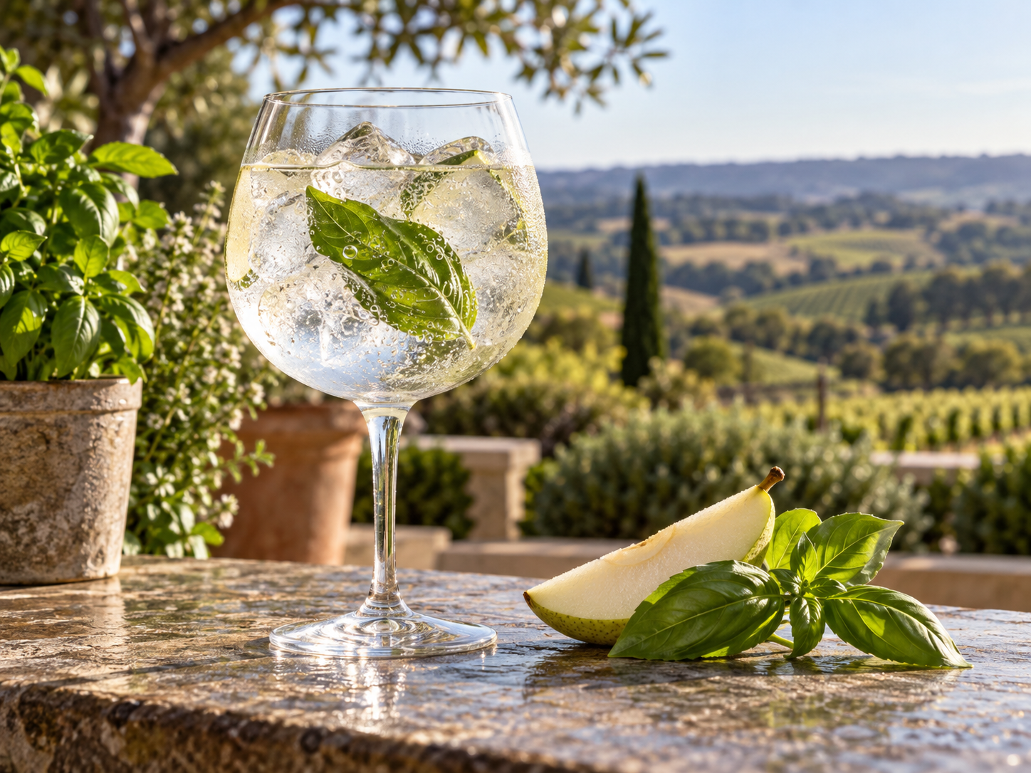 Small Acre Gin served with Fentimans Mediterranean Tonic Water, garnished with Fresh Basil Leaf
