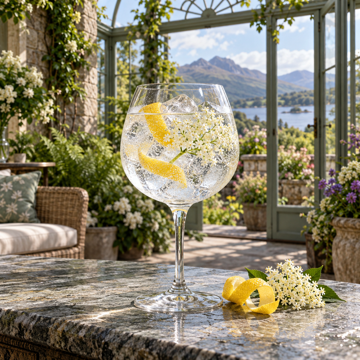Darnley's Original Gin served with Fever-Tree Indian Tonic Water, garnished with Lemon Peel and Elderflower