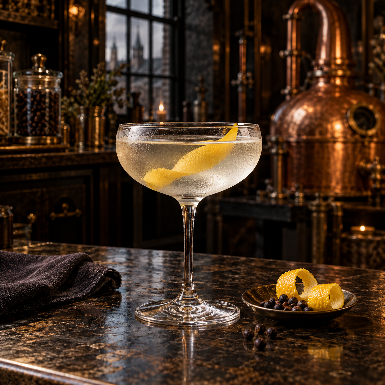 Devil's Botany London Dry Gin served with Fever-Tree Indian Tonic Water, garnished with Lemon twist and Cubeb Berries