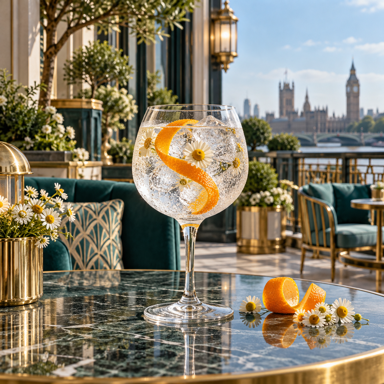 Ealing Gin servi avec Fever-Tree Indian Tonic Water, agrémenté de zeste d'orange et fleur de fleur de camomille