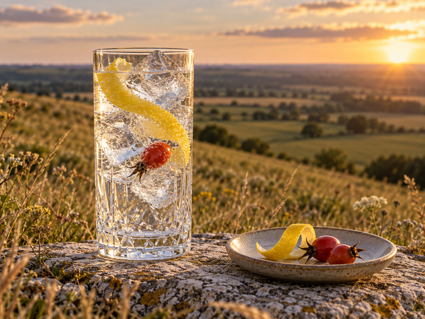 Great Bustard Gin Flight Strength served with Fever-Tree Indian Tonic Water, garnished with Lemon twist and Rose Hip