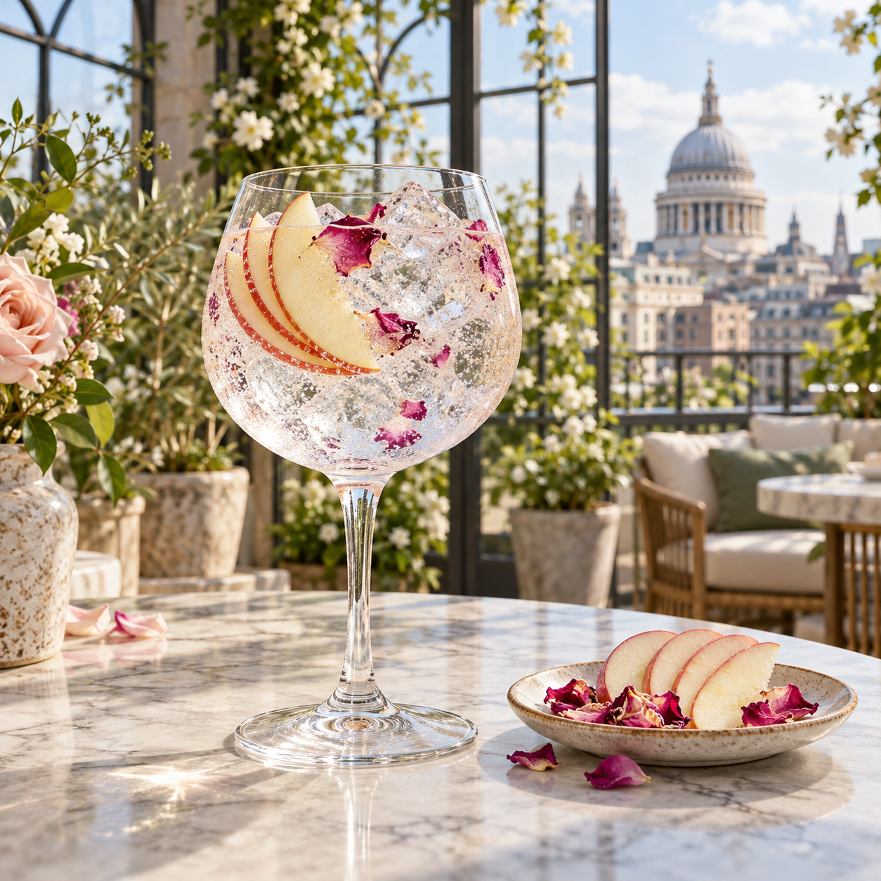 London Dry Gin servi avec Fever-Tree Indian Tonic Water, agrémenté de tranche de pomme et pétale de rose