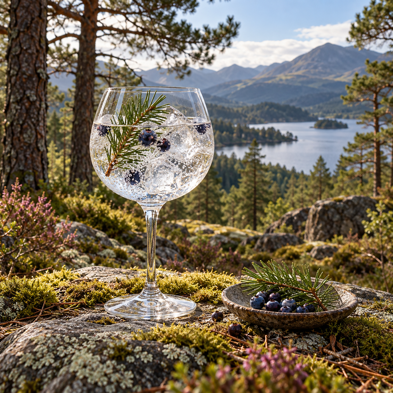 Persie Pinewood Conservation Gin servi avec Fever-Tree Indian Tonic Water, agrémenté de myrtilles sauvages et brin de pin sylvestre