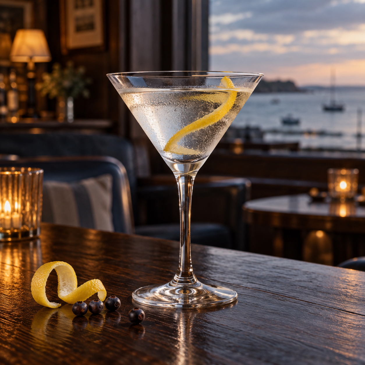 Fishers Fifty Gin servi, agrémenté de zeste de citron