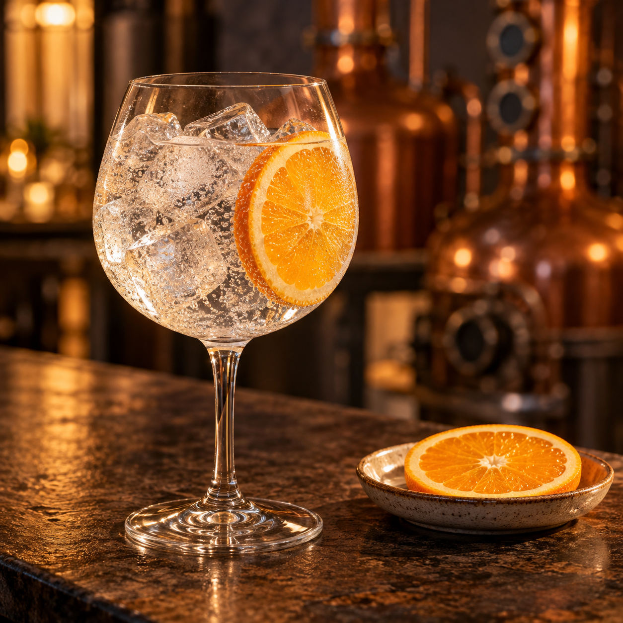 Seven Crofts served with Fever-Tree Indian Tonic Water, garnished with Orange Slice