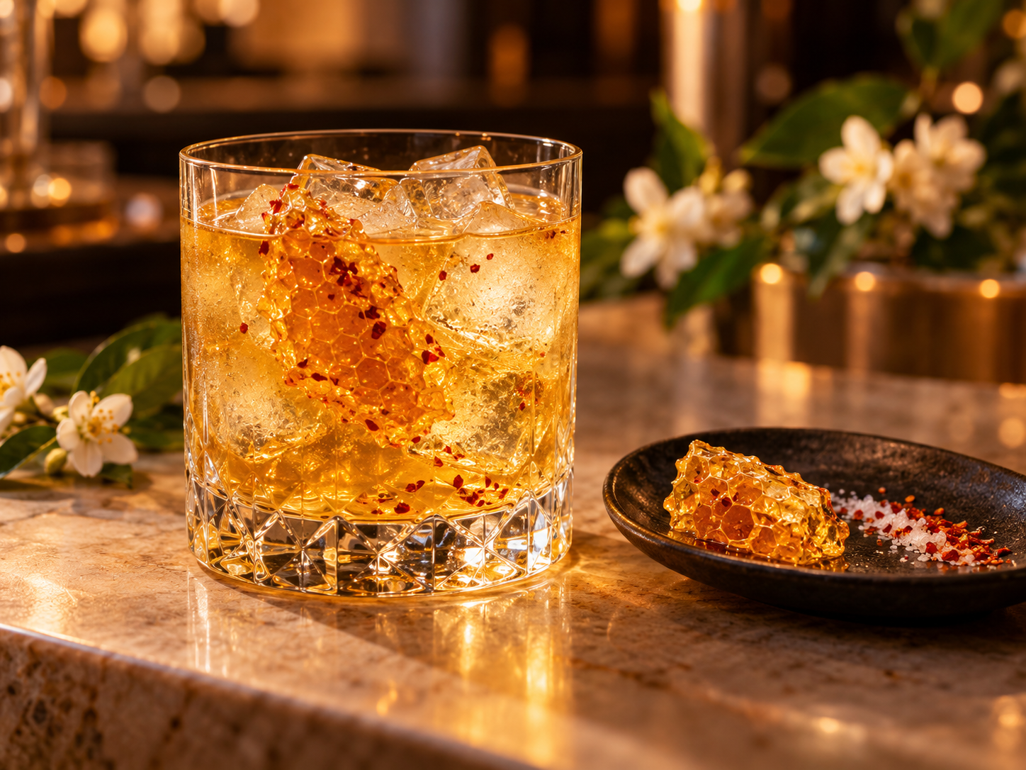 Sipsmith Hot Honey Gin served, garnished with Honeycomb Shard and Chilli Salt