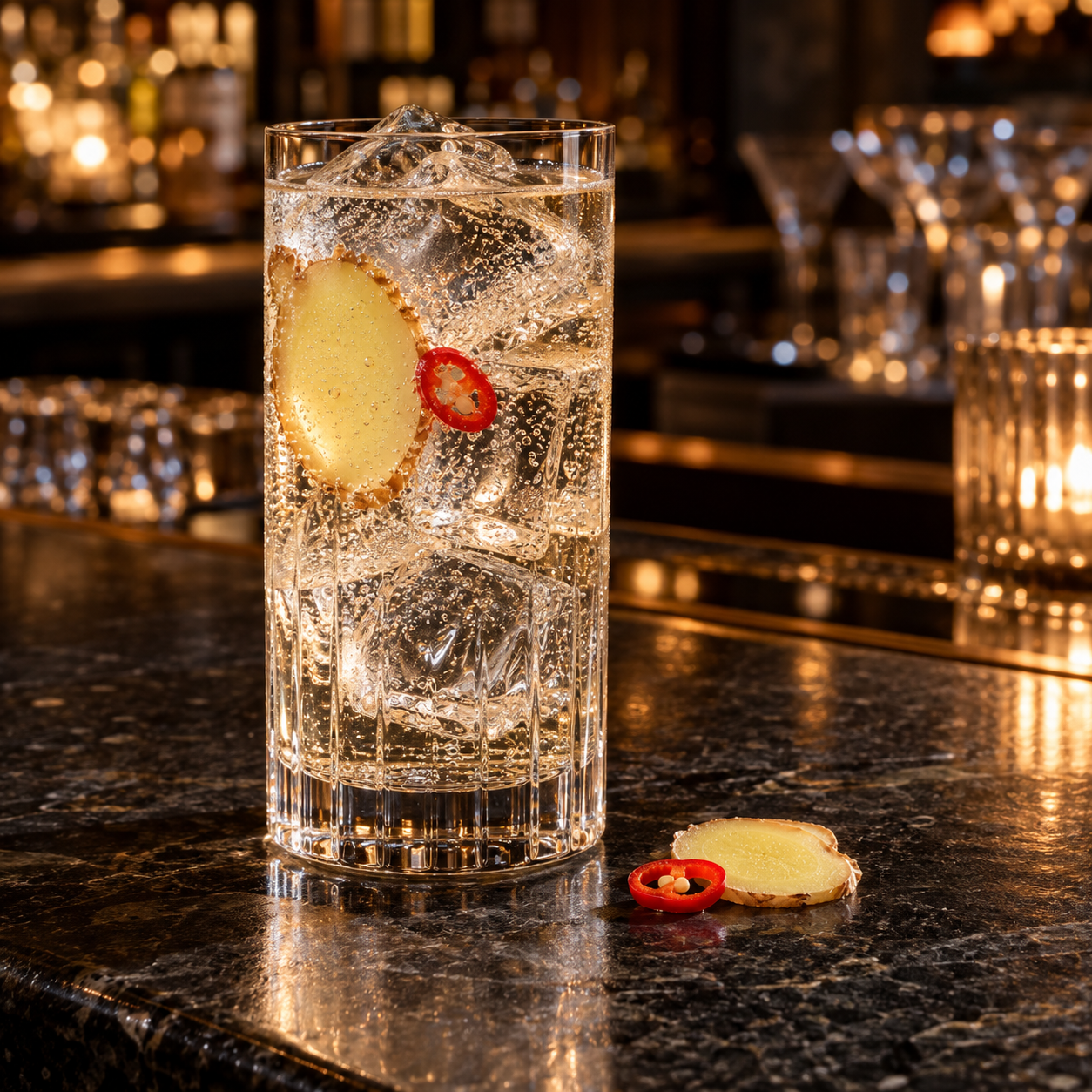 Tavlin Spicy Gin servi avec Fever-Tree Indian Tonic Water, agrémenté de tranche de gingembre et rondelle de piment