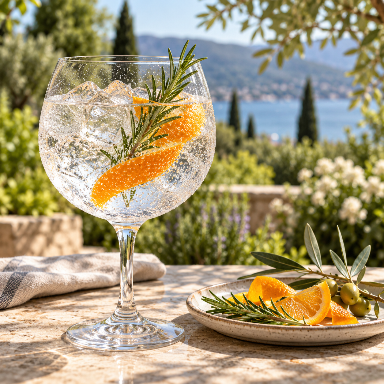 Under the Tuscan Sun served with Fever-Tree Indian Tonic Water, garnished with Orange Slice and Rosemary Sprig