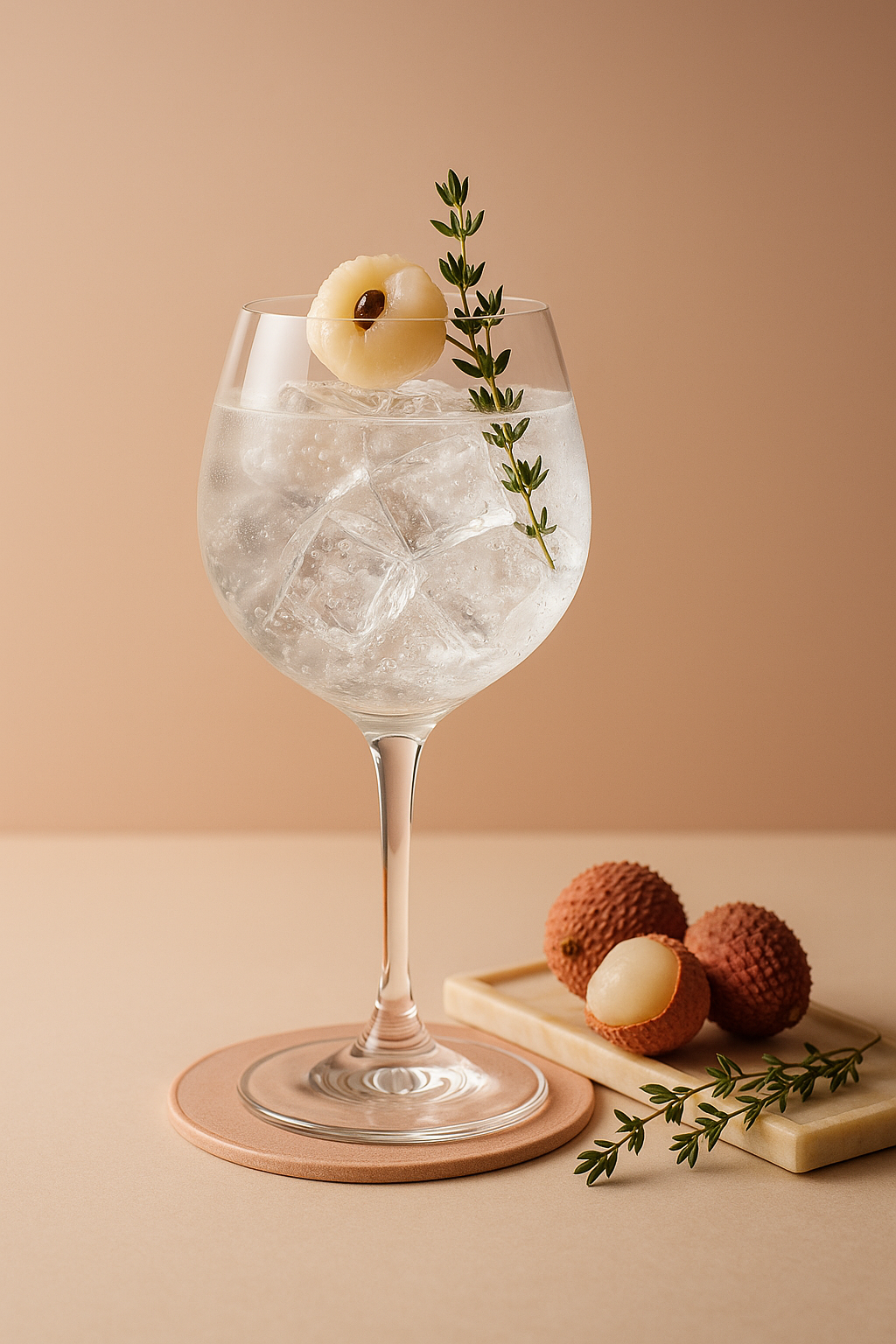 Panda Gin Limited Edition 2021 served with Fever-Tree Indian Tonic Water, garnished with Lychee Slice and Thyme Sprig