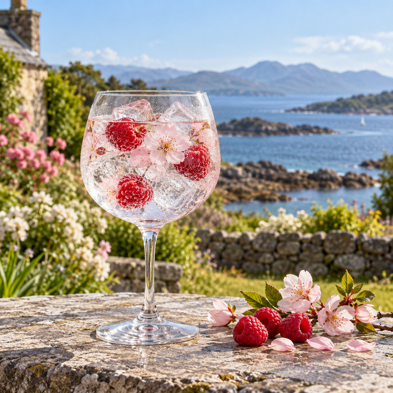 1832 Summer Gin served with Fever-Tree Indian Tonic Water, garnished with Raspberry and Cherry Blossom