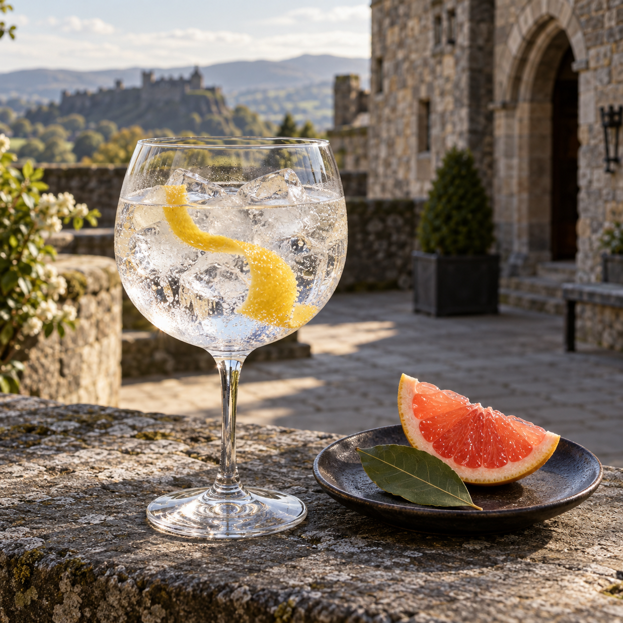 Battle Strength Gin served with Fever-Tree Naturally Light Tonic Water, garnished with Pink grapefruit and Bay Leaf