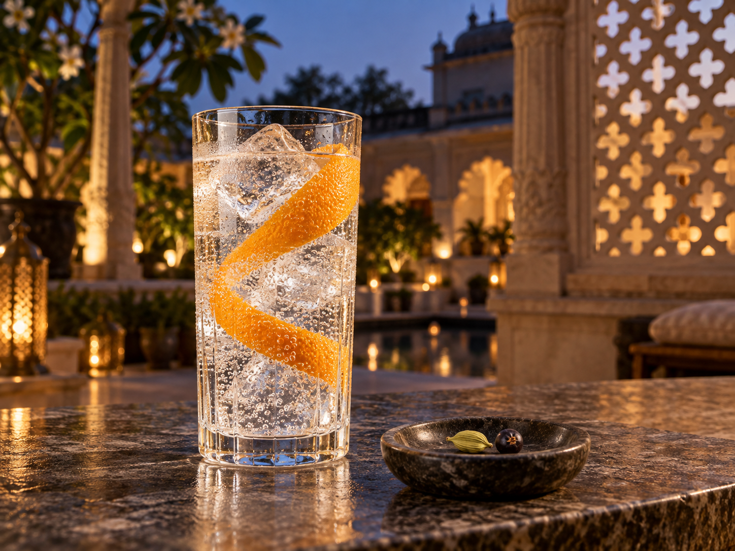 Charminar Gin servi avec Fever-Tree Indian Tonic Water, agrémenté de large zeste d'orange et gousse de gousse de cardamome verte