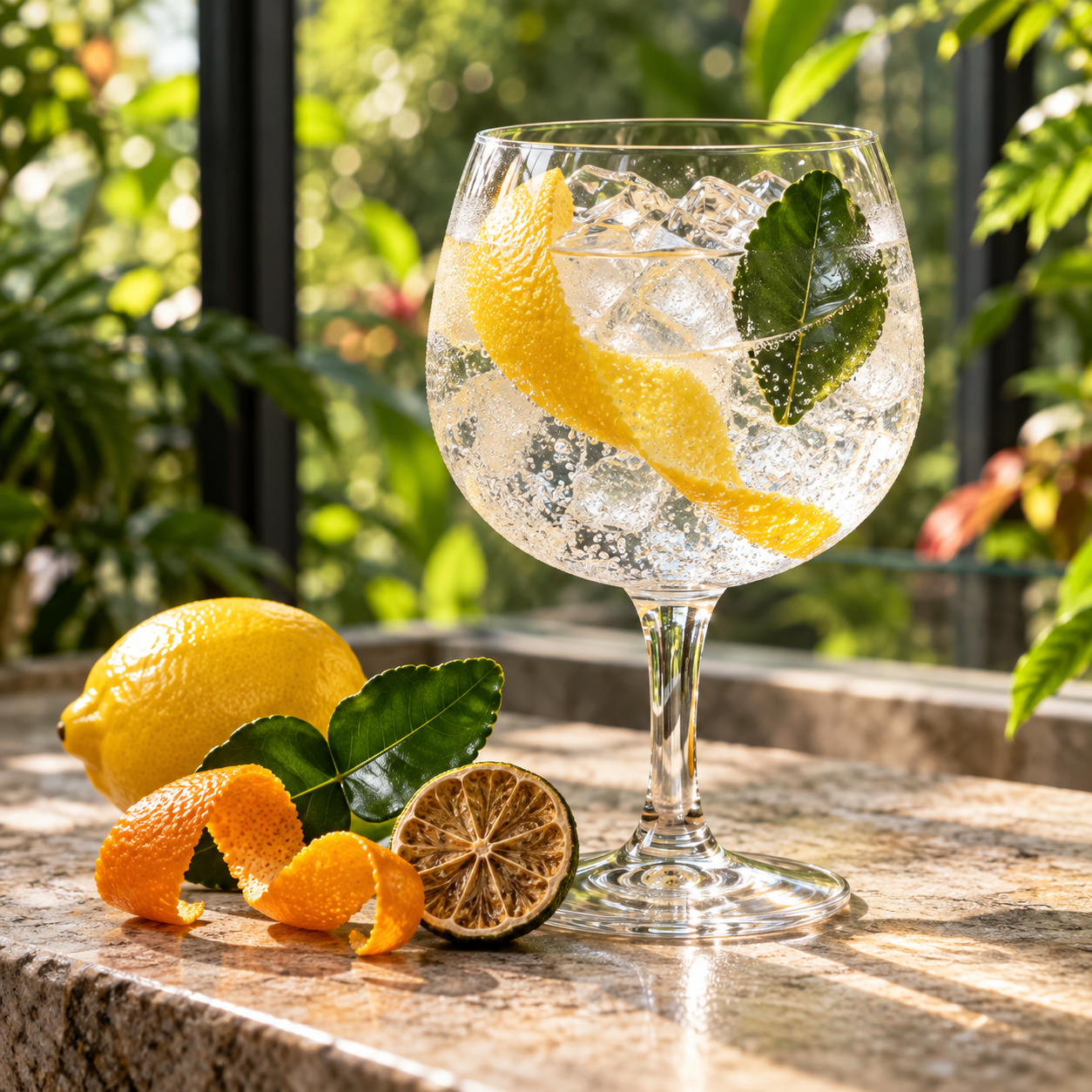 Arbutus Citrus Gin served with Fever-Tree Indian Tonic Water, garnished with Lemon twist and Kaffir Lime Leaf