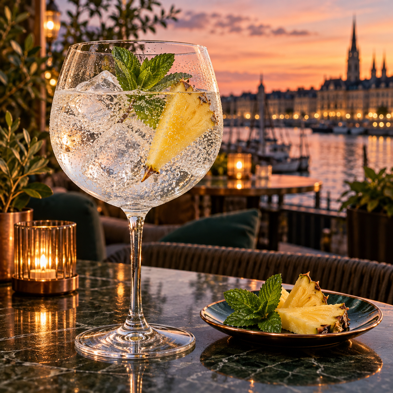 Transatlantic Navy Strength Gin served with Fever-Tree Indian Tonic Water, garnished with Peppermint and Pineapple Wedge