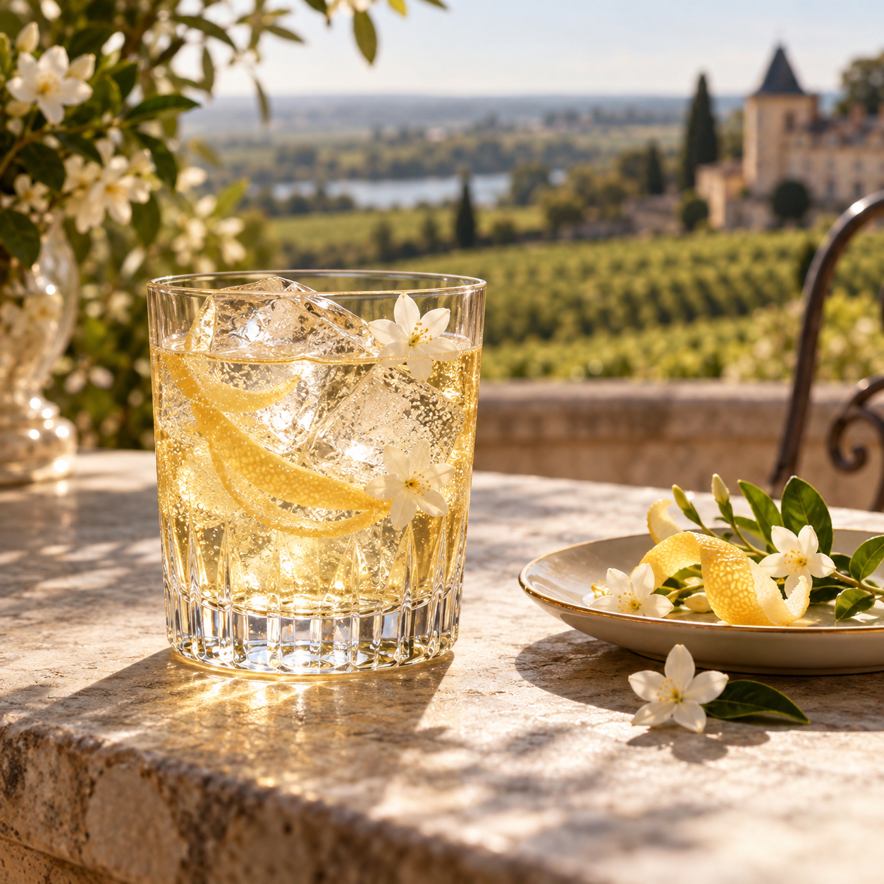 Botrytis Old Tom Gin served with Fever-Tree Indian Tonic Water, garnished with Pomelo Peel and Jasmine Blossom