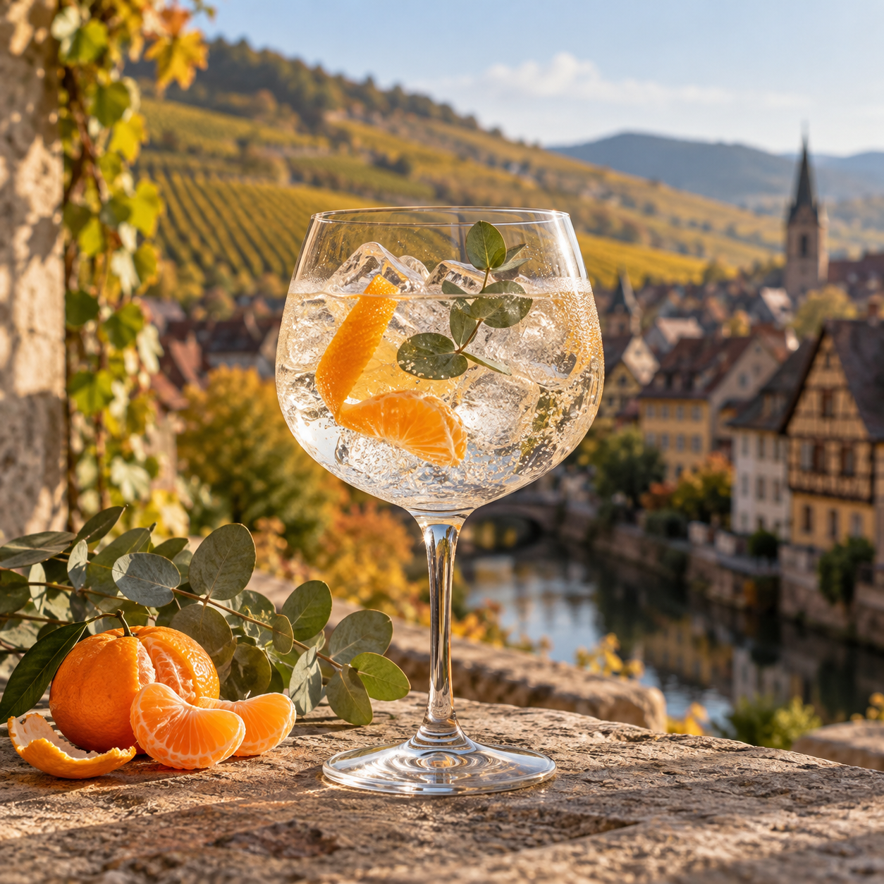 Officine Sigma Gin servi avec Fever-Tree Indian Tonic Water, agrémenté de zeste de mandarine et eucalyptus feuille