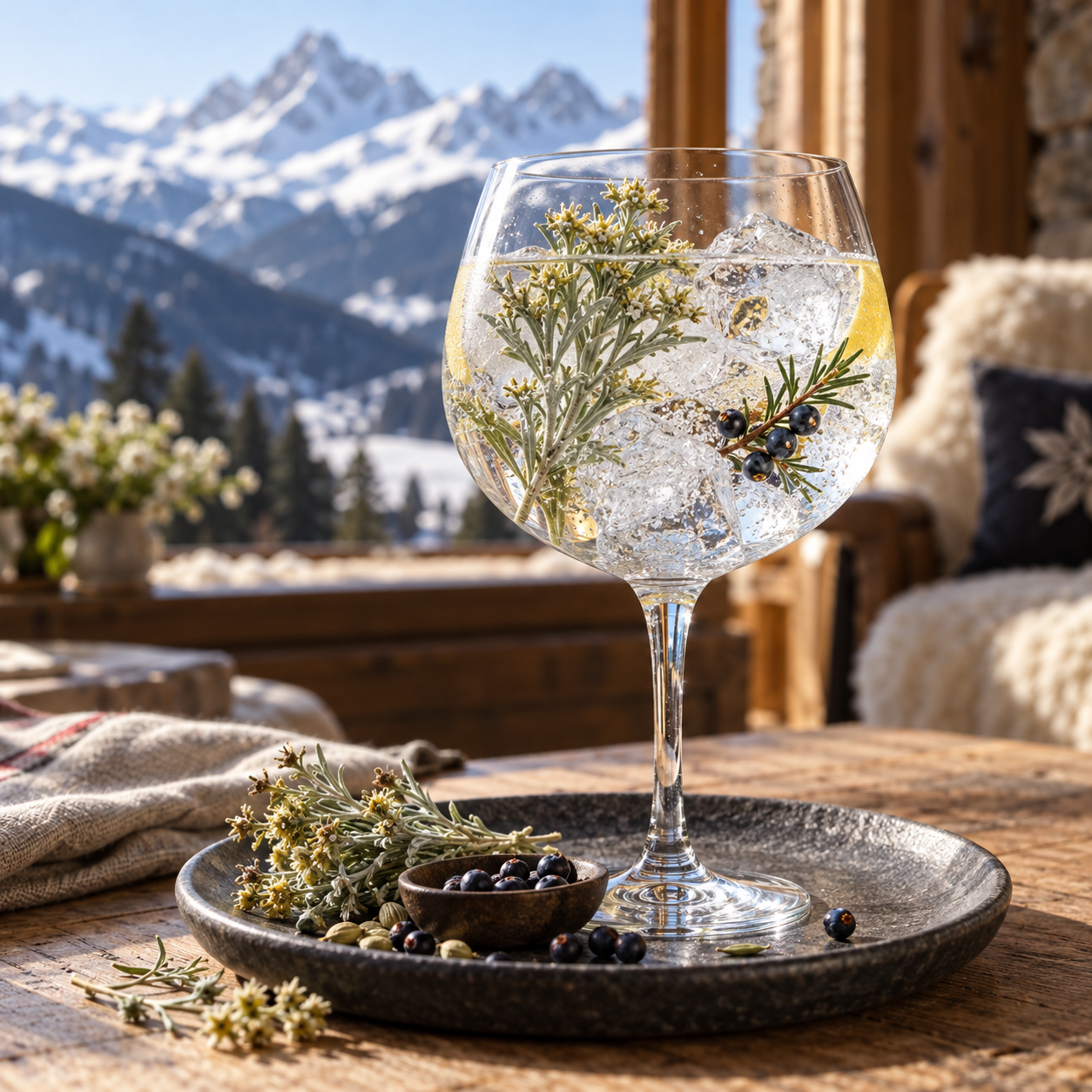 L'Eau Folle Gin 2G served, garnished with Juniper Berries and Genepi Sprig
