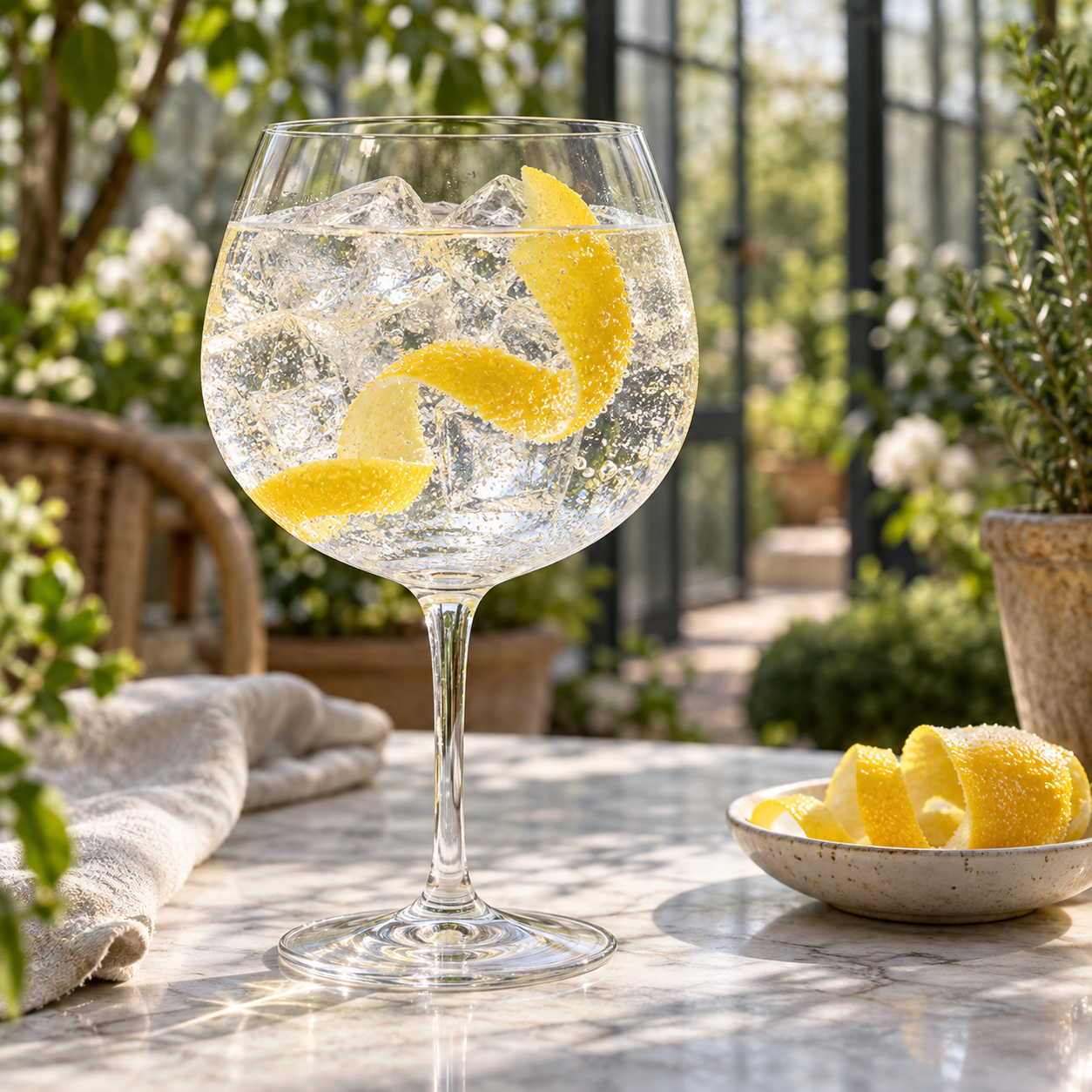 Radius Klassisk Dry Gin Batch 46 served with Fever-Tree Indian Tonic Water, garnished with Lemon Peel Twist