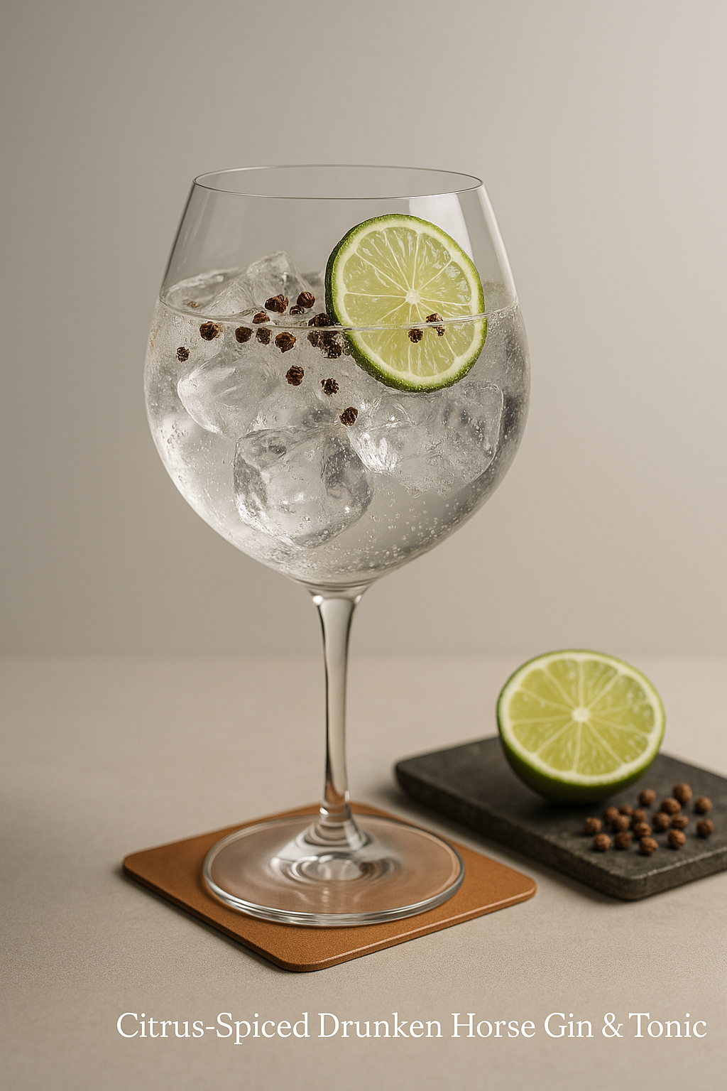 The Drunken Horse Gin served with Thomas Henry Tonic Water, garnished with Thin slice of lime and Lightly crushed Timut peppercorns