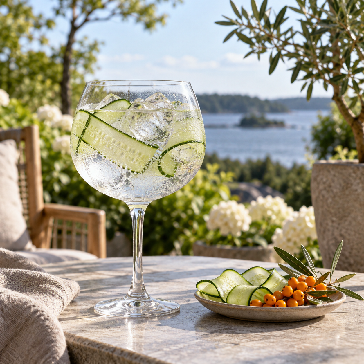 Radius Agurkegin Batch 44 served with Fever-Tree Mediterranean Tonic Water, garnished with Cucumber Ribbon