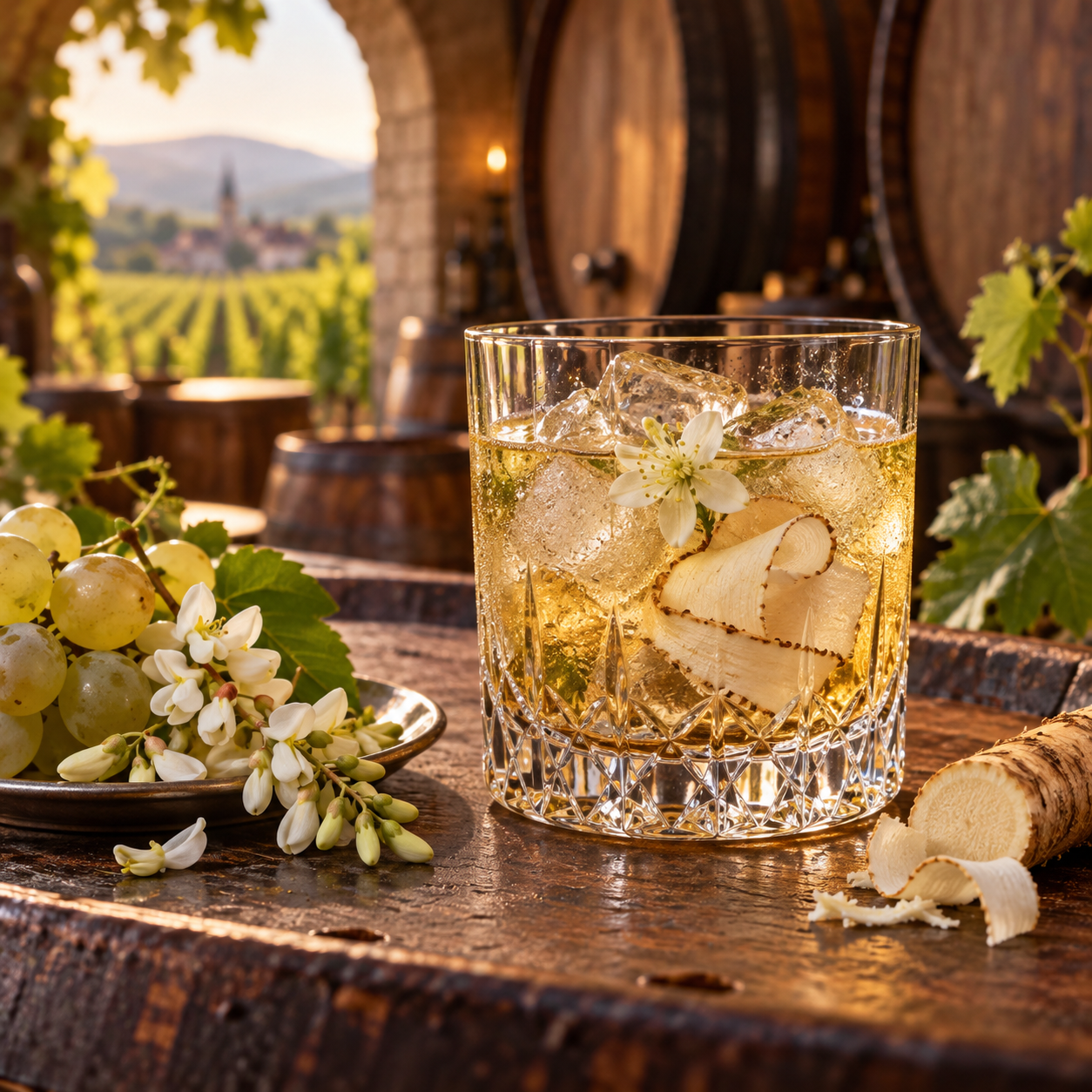 Officine Psi Gin servi avec Fever-Tree Indian Tonic Water, agrémenté de white grape et ruban de raifort