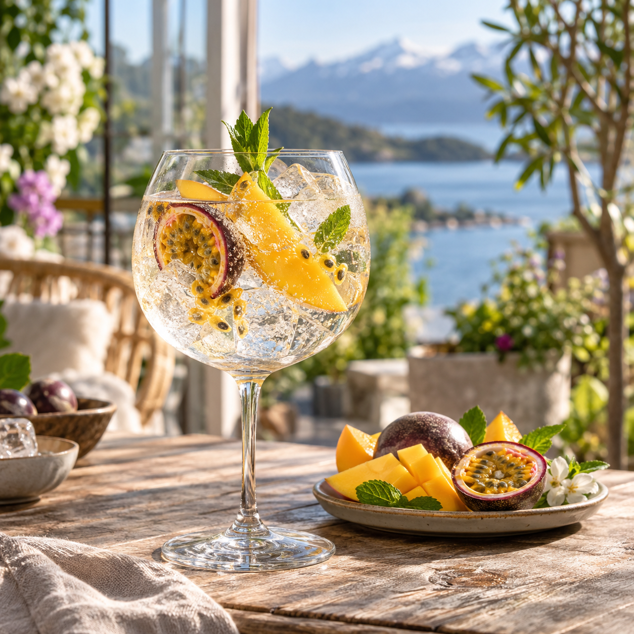 OHD Tropical Gin served with Fever-Tree Indian Tonic Water, garnished with Pineapple and Mango
