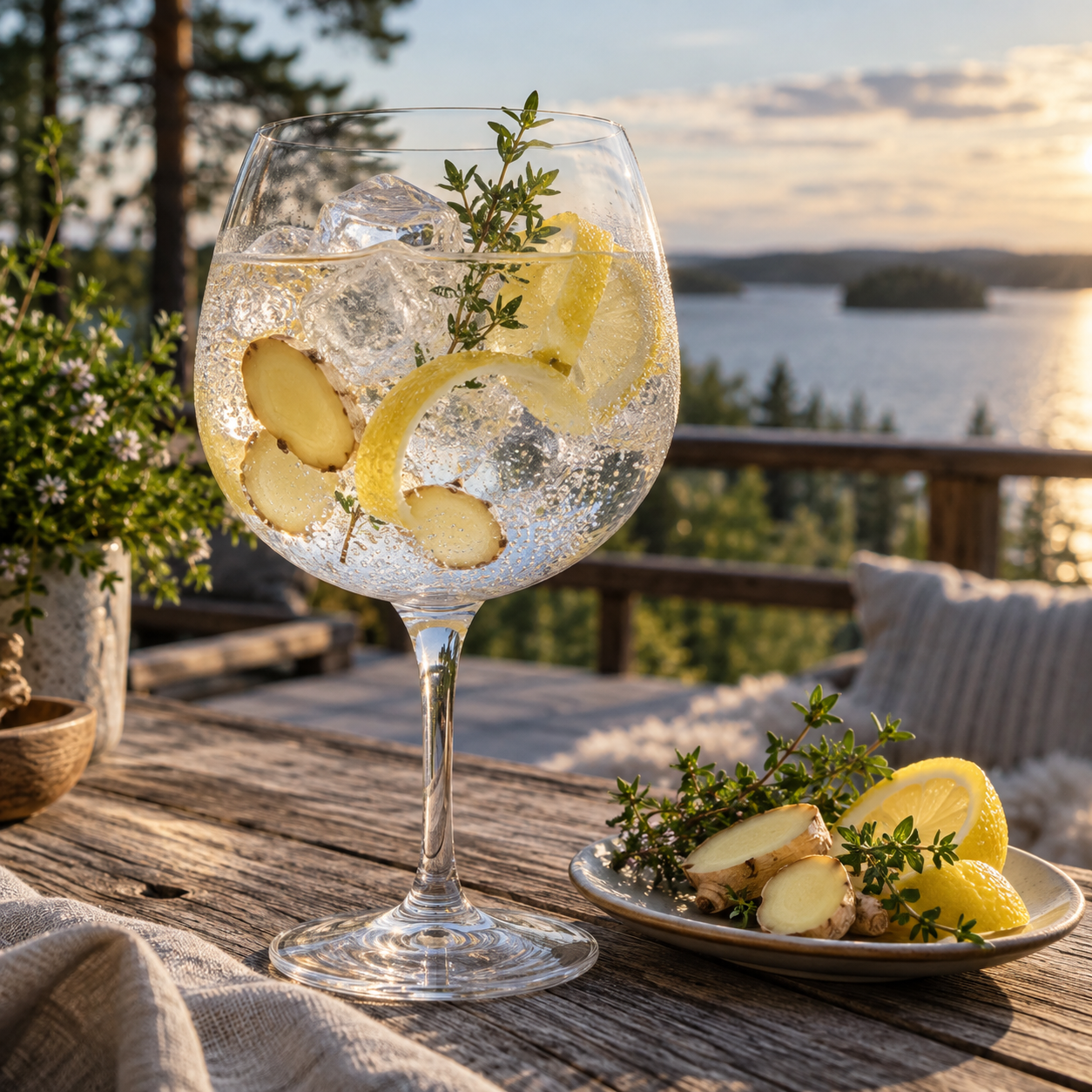 Tahko Luomu Gin served with Fever-Tree Indian Tonic Water, garnished with Ginger and Lemon Peel