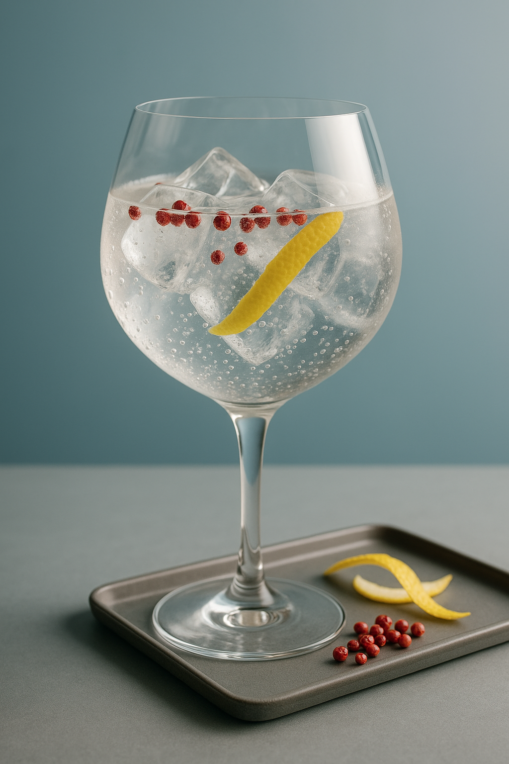 Tenjaku Japanese Gin servi avec Fever-Tree Refreshingly Light Indian Tonic Water, agrémenté de Thin slice of fresh yuzu peel et Pink peppercorns