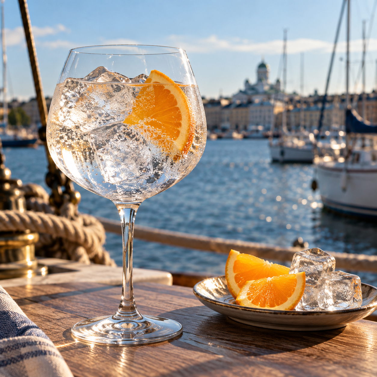 Helsinki Sailor's Gin served with Fever-Tree Indian Tonic Water, garnished with Orange Slice and Lime Peel