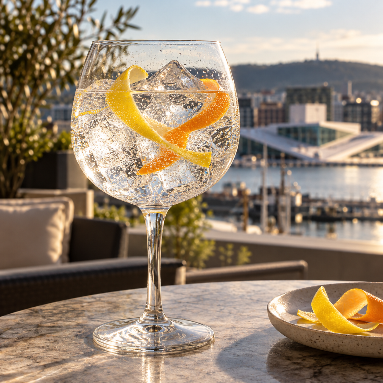OHD Gin servi avec Fever-Tree Indian Tonic Water, agrémenté de zeste de citron et zeste d'orange