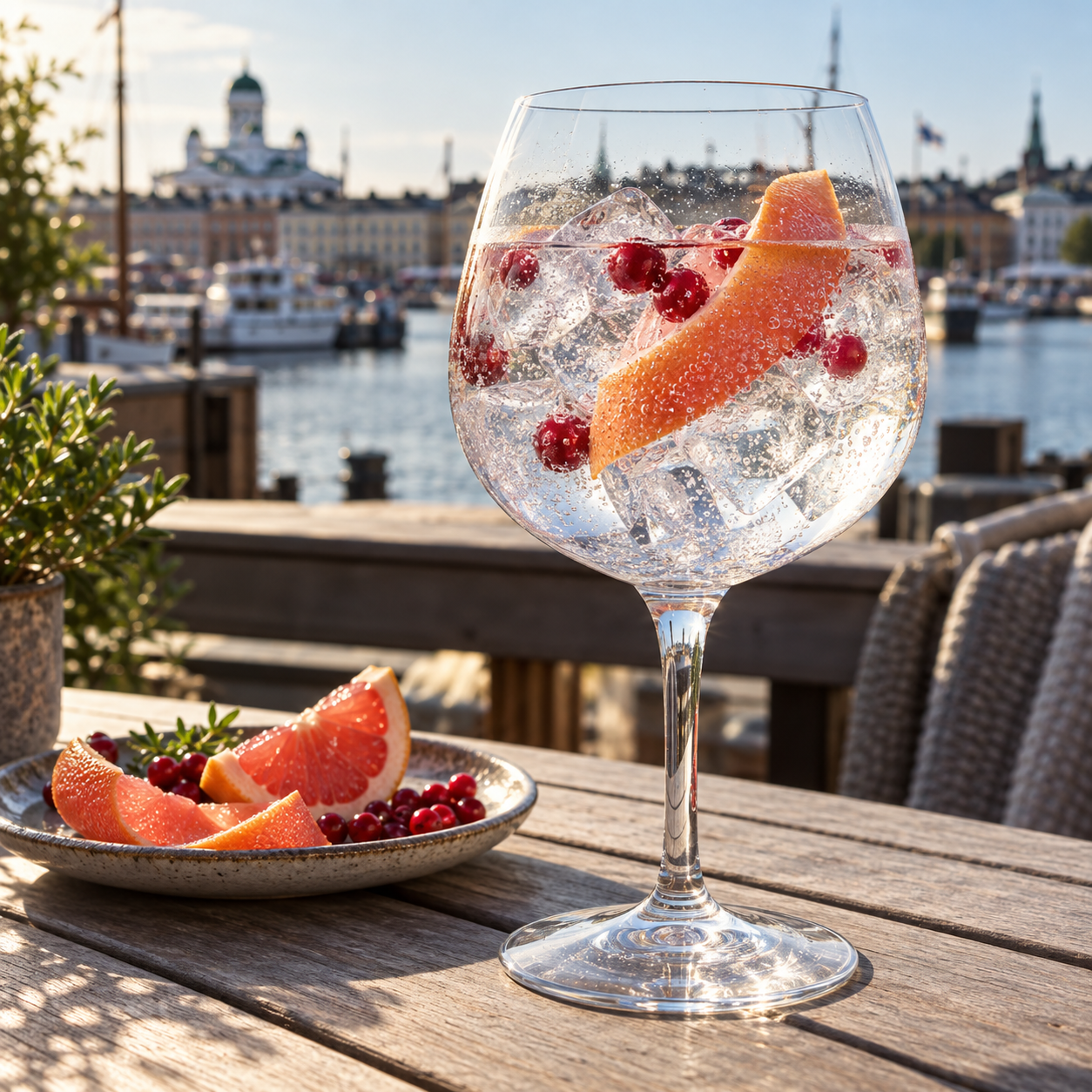 Helsinki Dry Gin served with Fever-Tree Indian Tonic Water, garnished with Pink Grapefruit Peel and Lingonberries