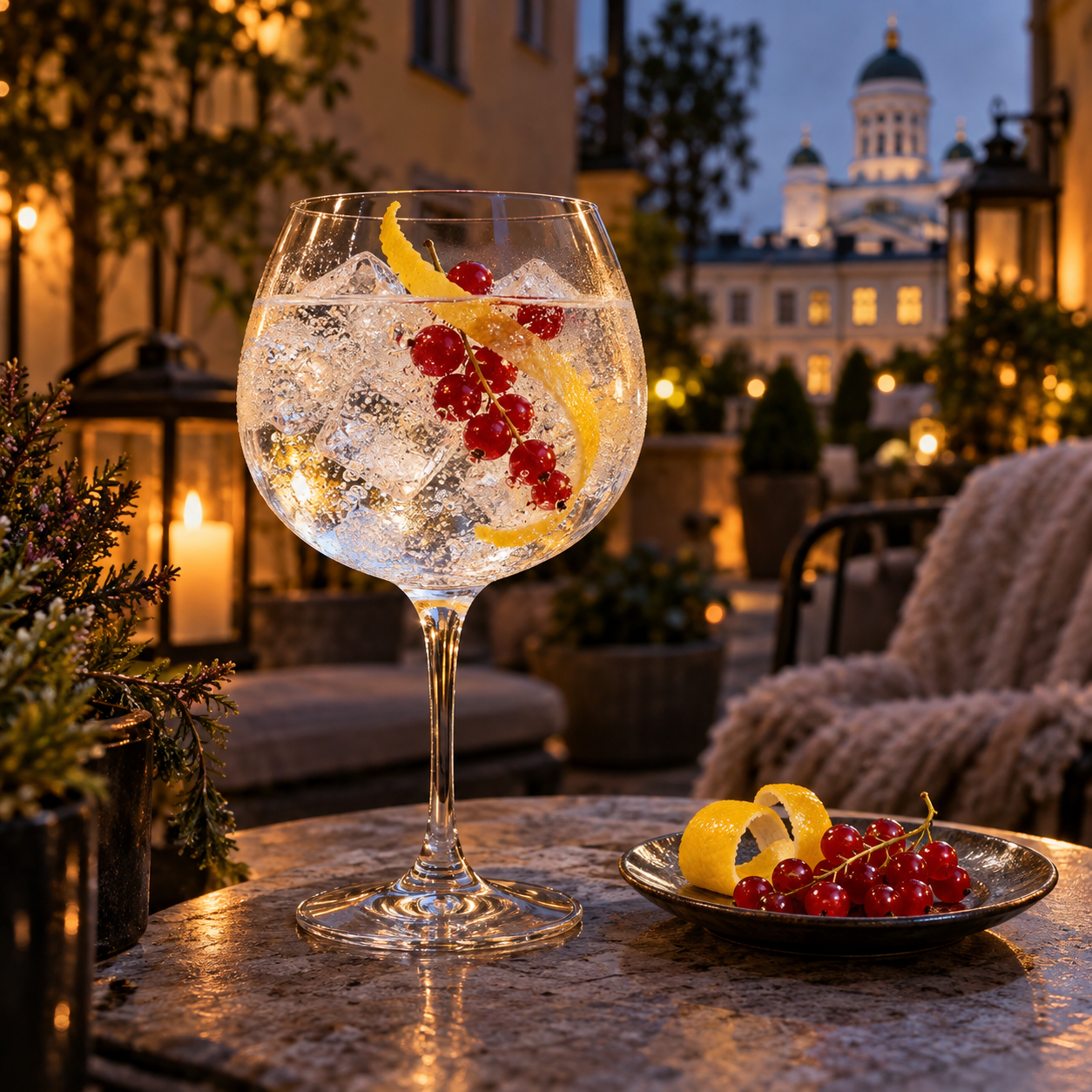 Helsinki Night Gin served with Fever-Tree Indian Tonic Water, garnished with Red Currant and Lemon Peel