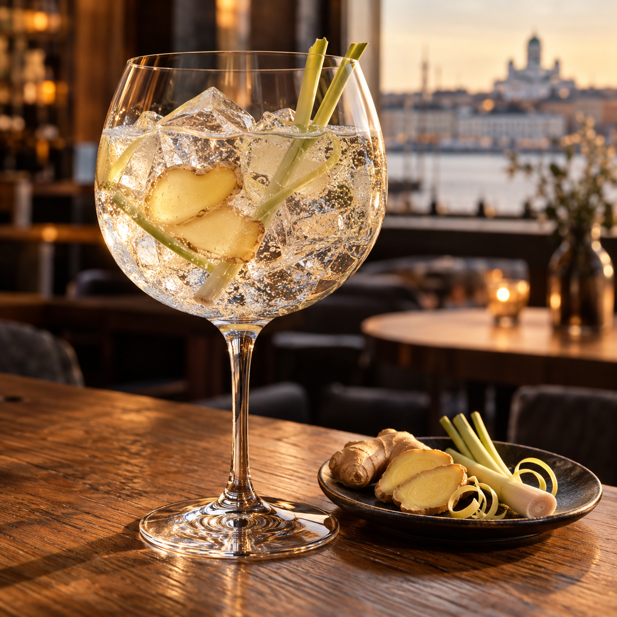 Helsinki Barrel Aged Gin served with Fever-Tree Indian Tonic Water, garnished with Ginger and Lemongrass