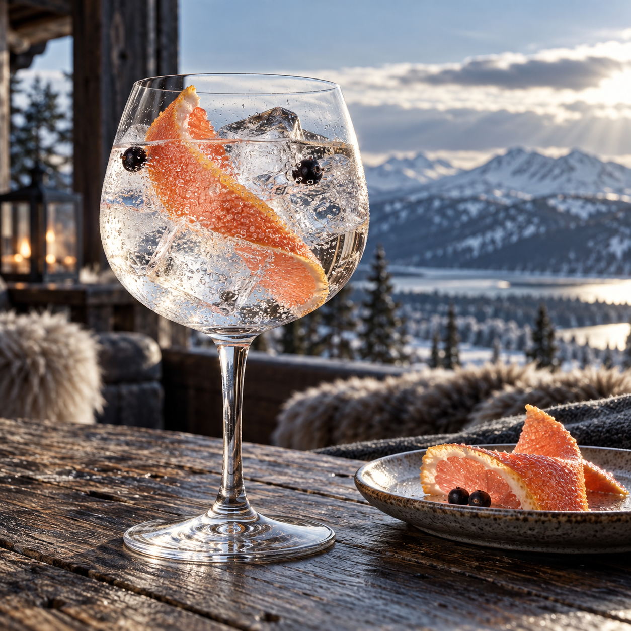 Åre Bränneri Mountain Strength Scandinavian Gin served with Fever-Tree Indian Tonic Water, garnished with Grapefruit Peel and Juniper Berries