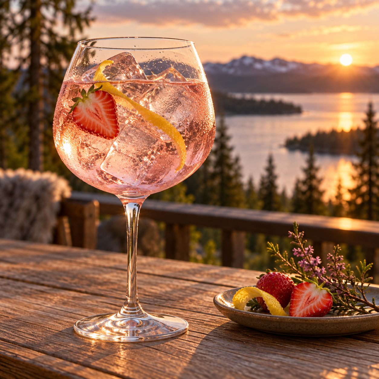Åre Bränneri Rosé Gin served with Fever-Tree Mediterranean Tonic Water, garnished with Alpine Strawberry and Lemon Peel