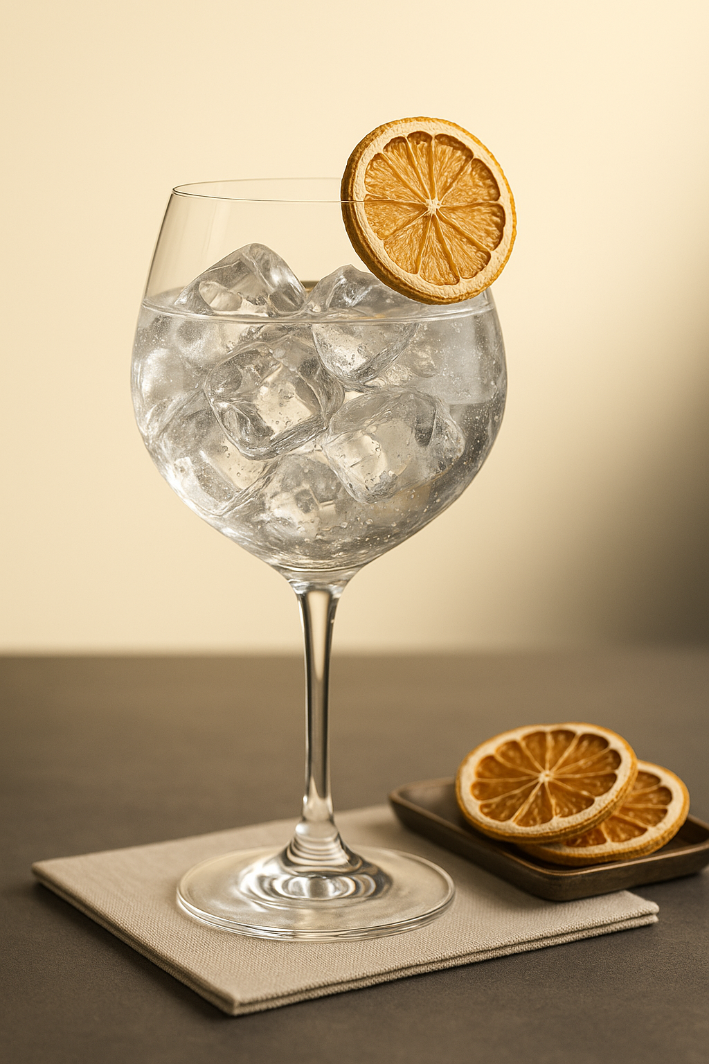 TONIK served with Fever-Tree Mediterranean Tonic Water, garnished with thin slice of dehydrated bergamot