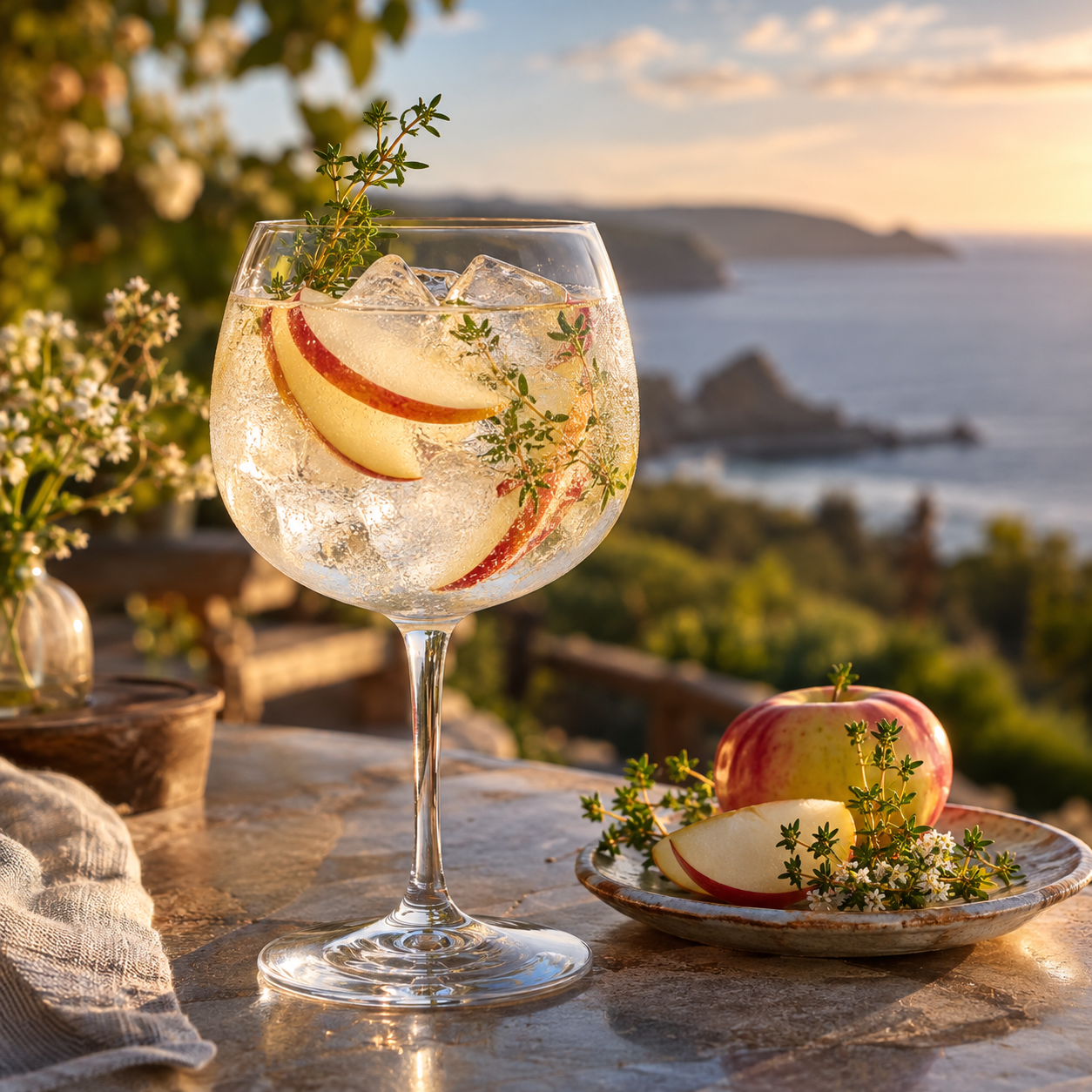 Tarquin's Pressed Apple Gin servi avec Fever-Tree Indian Tonic Water, agrémenté de tranche de pomme et fleur de pommier