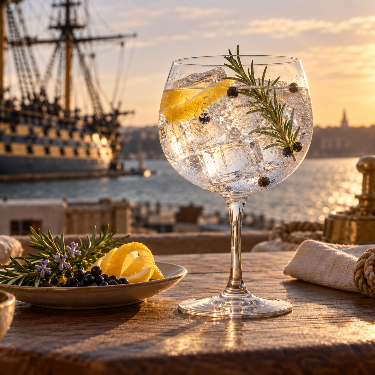 HMS Victory Gin served with Fever-Tree Indian Tonic Water, garnished with Lemon Peel
