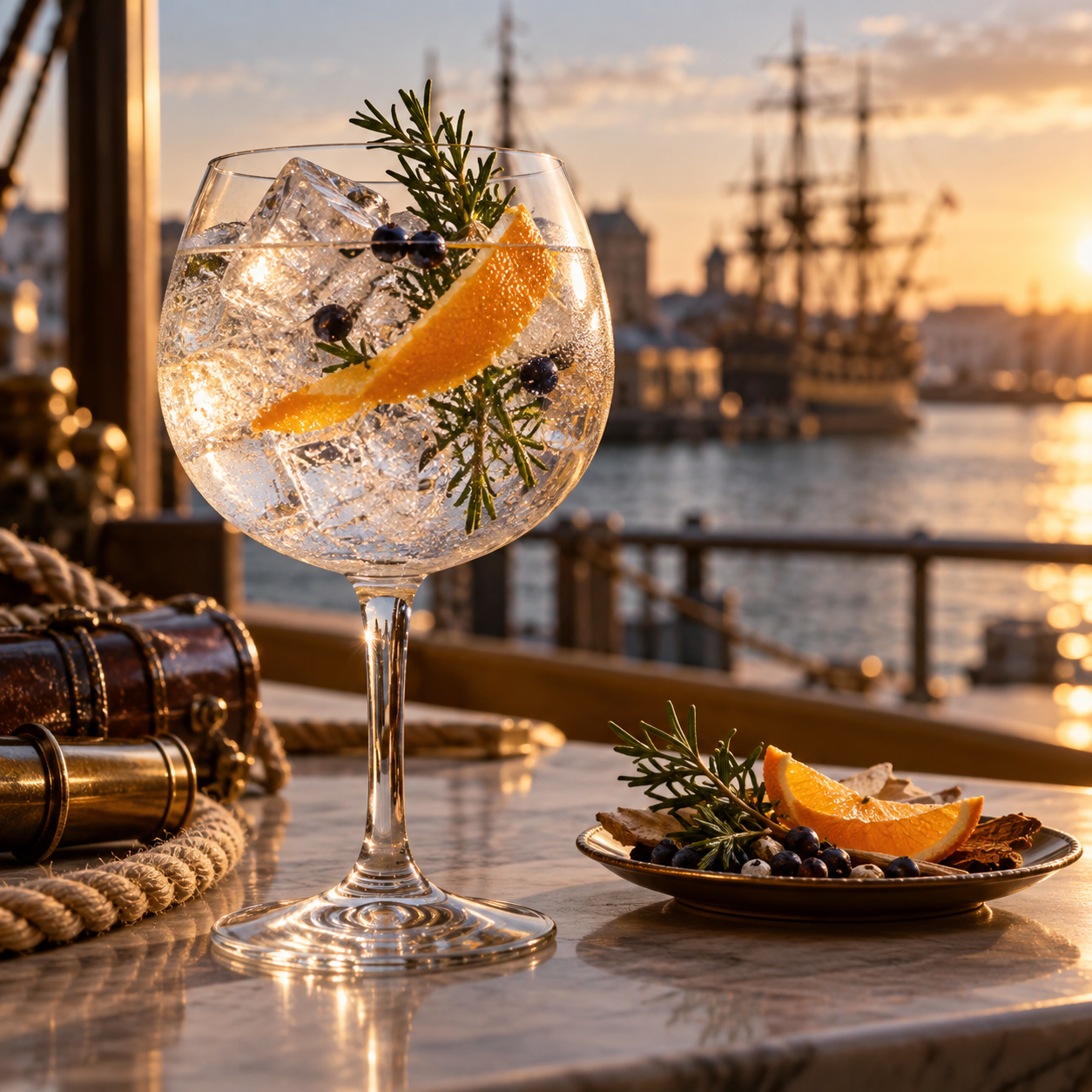 HMS Victory Oak Aged Gin servi avec Fever-Tree Indian Tonic Water, agrémenté de zeste d'orange