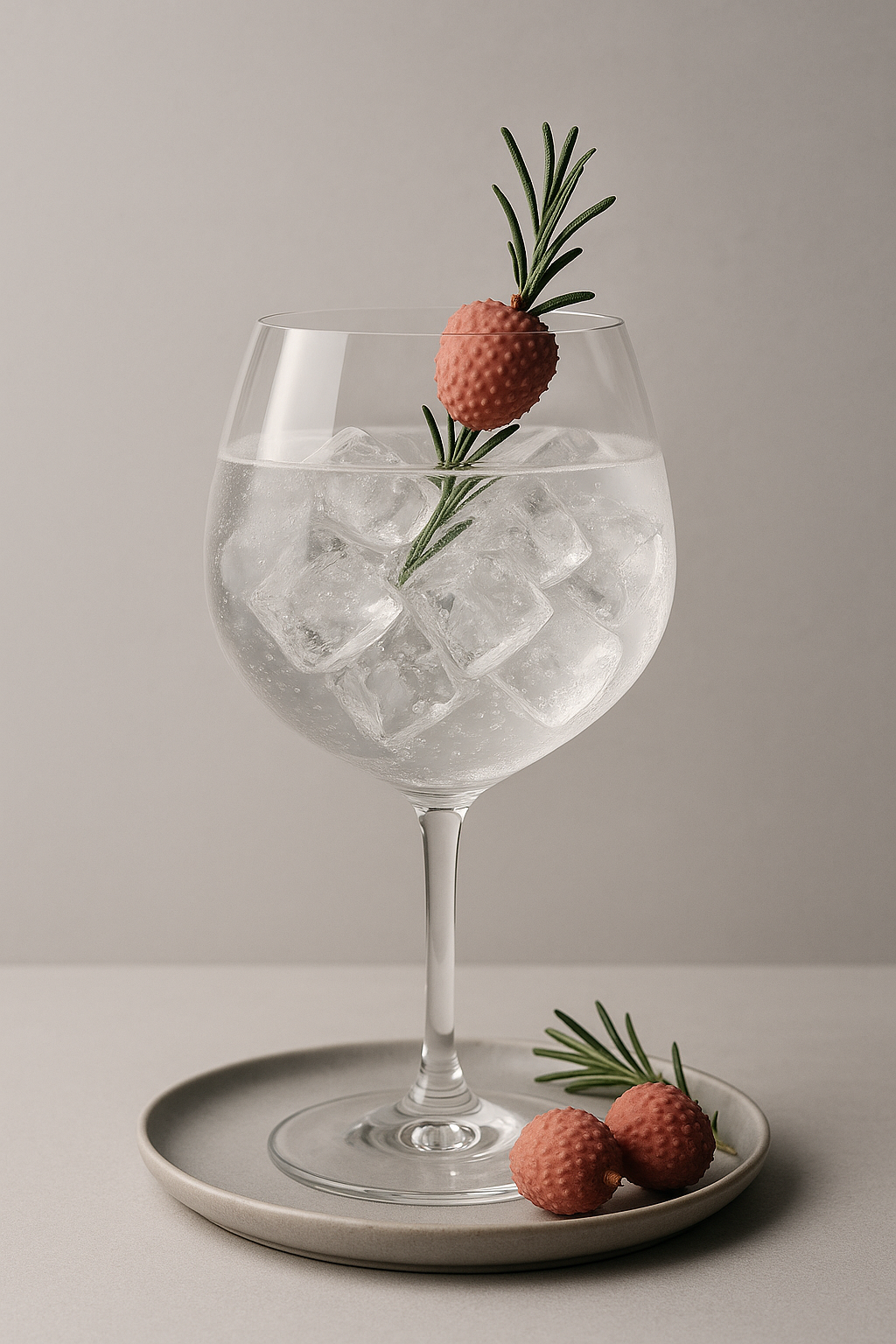 Panda Gin Limited Edition Denis Meyers served with Le Tribute Tonic Water, garnished with Fresh lychee fruit on rosemary sprig