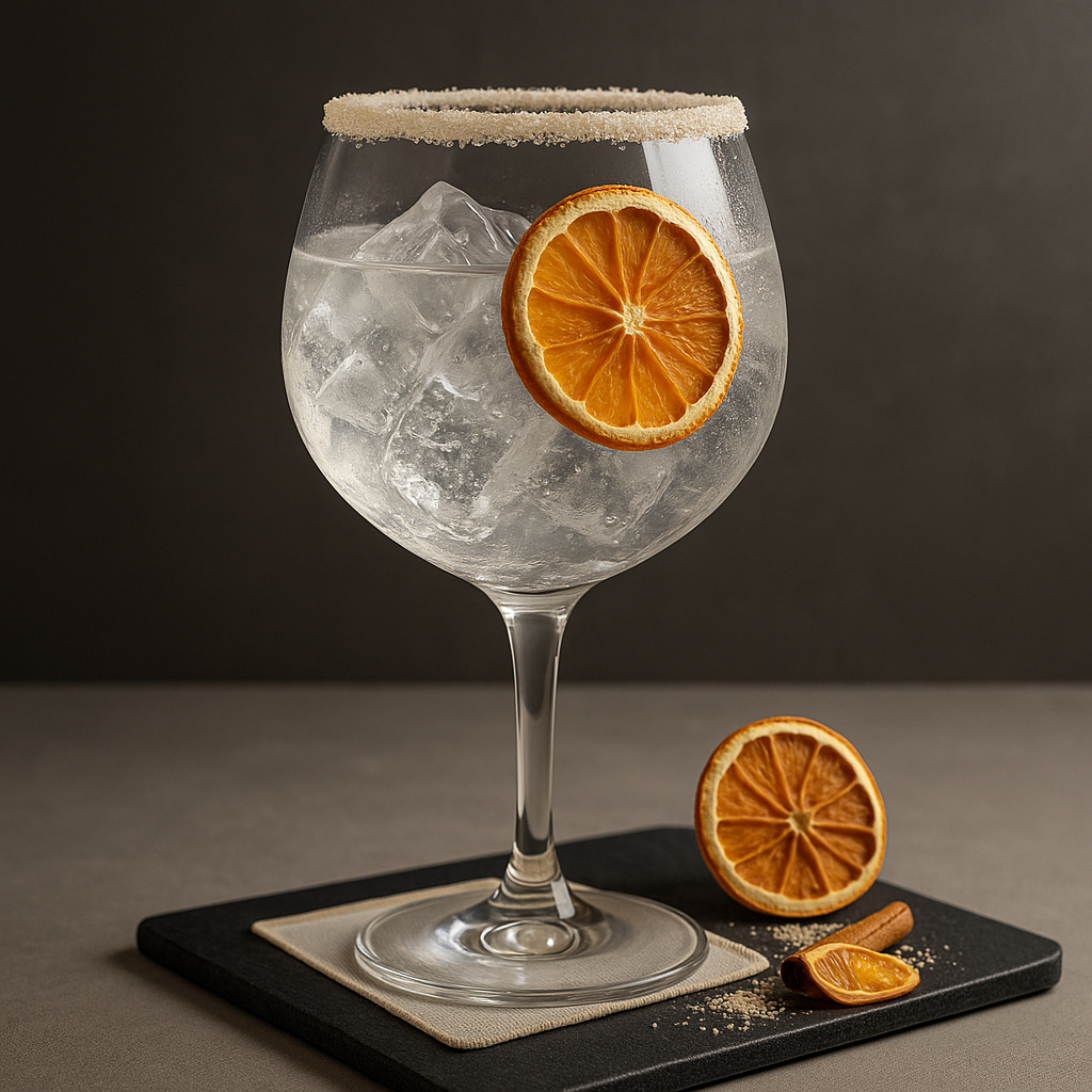 Sir Chill Gin Classic servi avec Fentimans Valencian Orange Tonic Water, agrémenté de dehydrated mandarin wheel et vanilla sugar rim