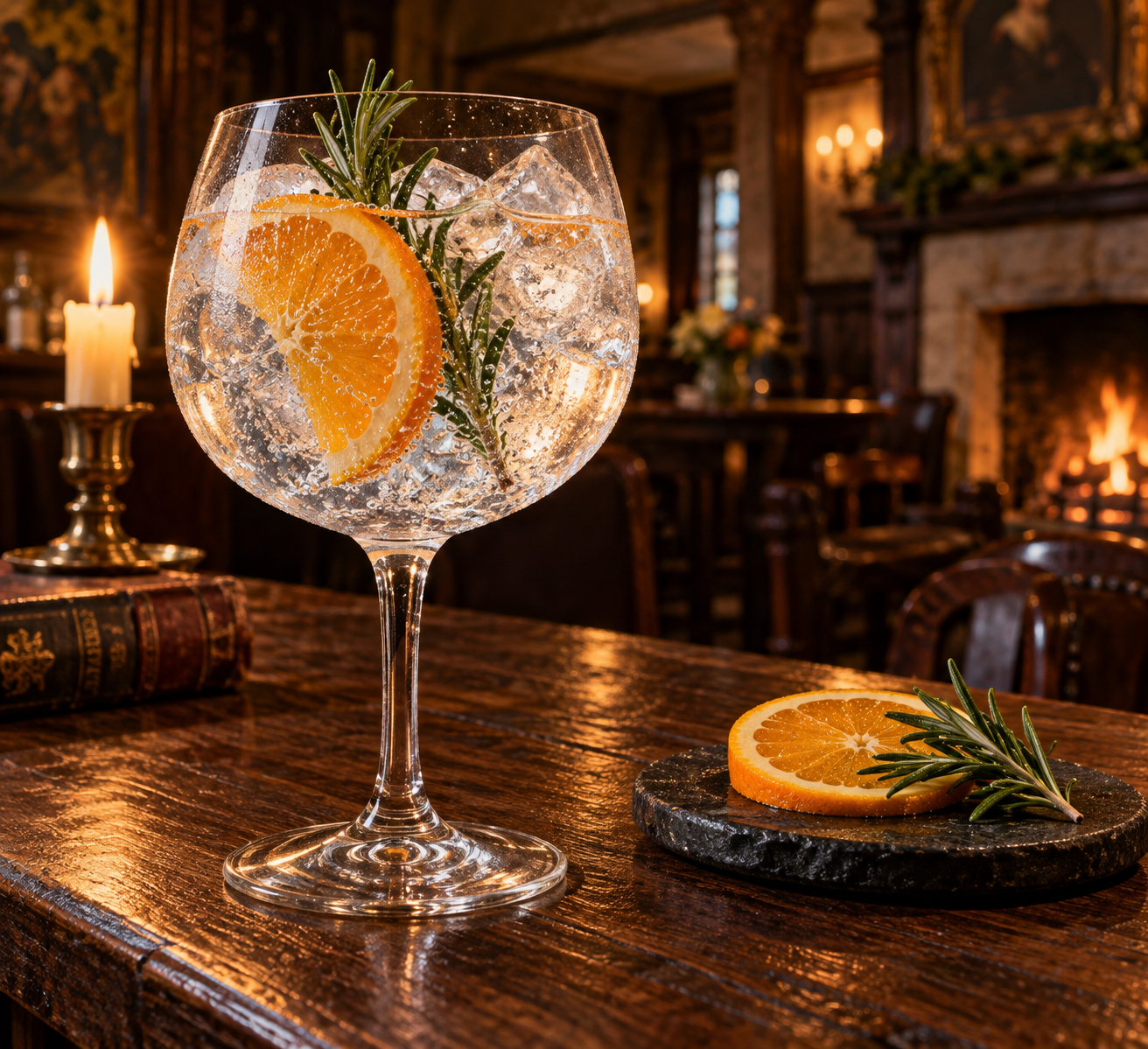 1588 Navy Strength Gin served with Fever-Tree Indian Tonic Water, garnished with Orange Wheel and Rosemary Sprig
