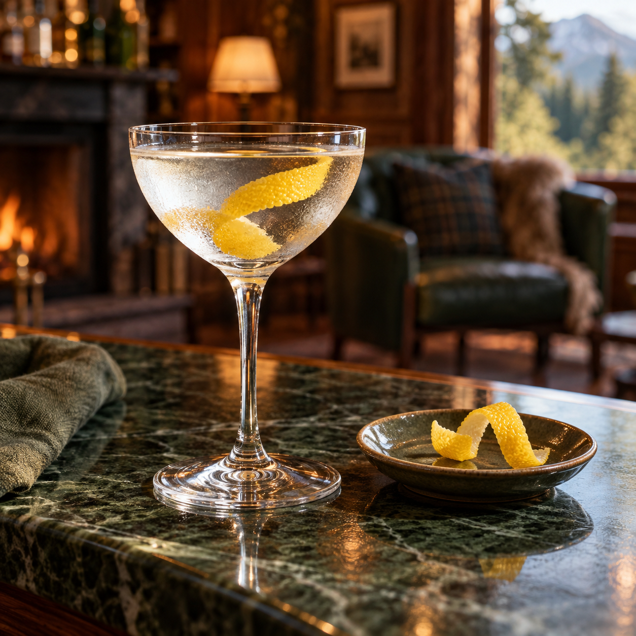Inshriach Original Gin served, garnished with Lemon twist